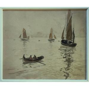 Amédée Marcel-Clément (1873 – 1950) Canot quittant son bord. Peintre voyageur et de marines.