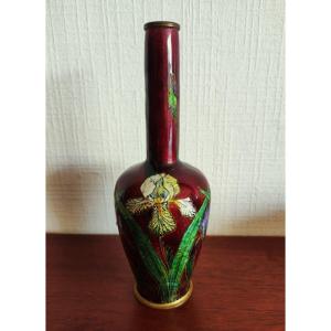 Jules Sarlandie (1874-1936) Enamel Vase With Iris Decoration, Art Nouveau. Fauré, Marty, Limoges