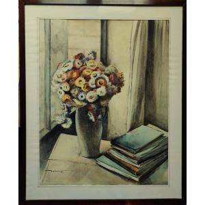 Edouard Debourg (1880-1939) Nature morte au bouquet, livres. Gargilesse, Crozant, Osterlind Rue