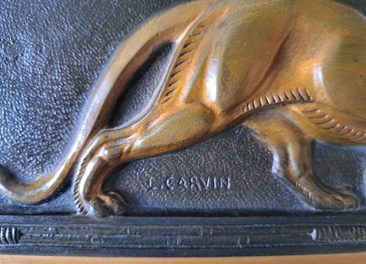 Panther By Louis Carvin Art Deco Bronze Plaque-photo-2