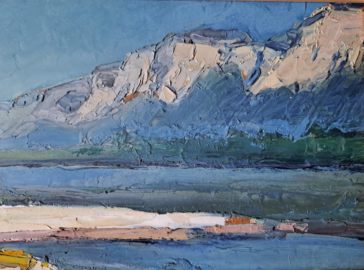 Oil On Panel Mountain Lake Landscape -photo-2