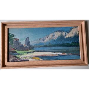 Oil On Panel Mountain Lake Landscape 