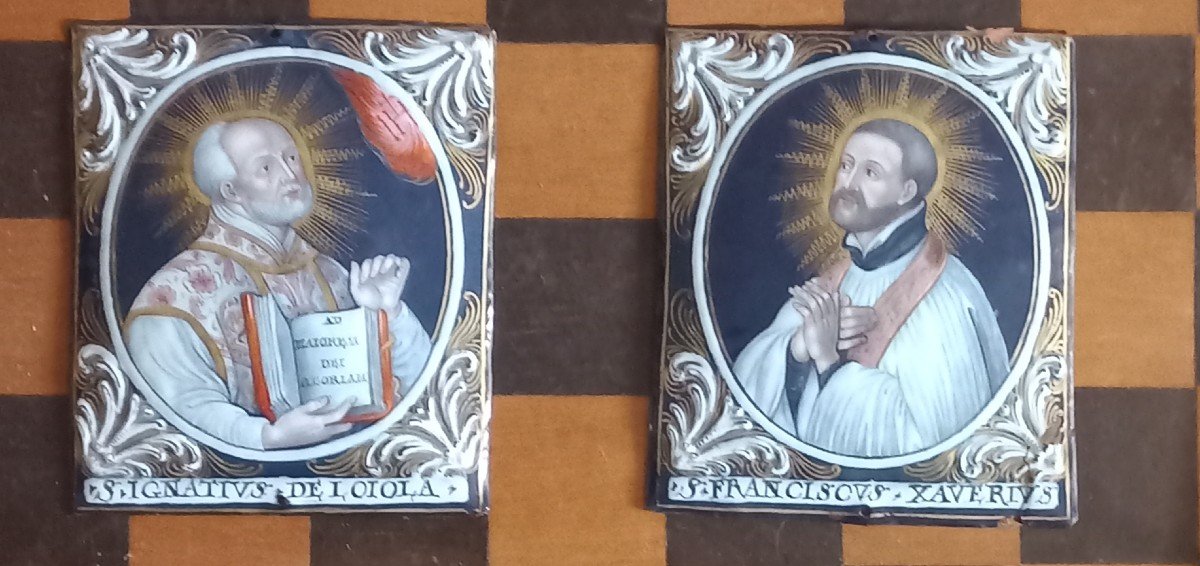 Ignace de Loyola et François-Xavier: 2 plaques en émail peint qui forment une paire, Limoges 