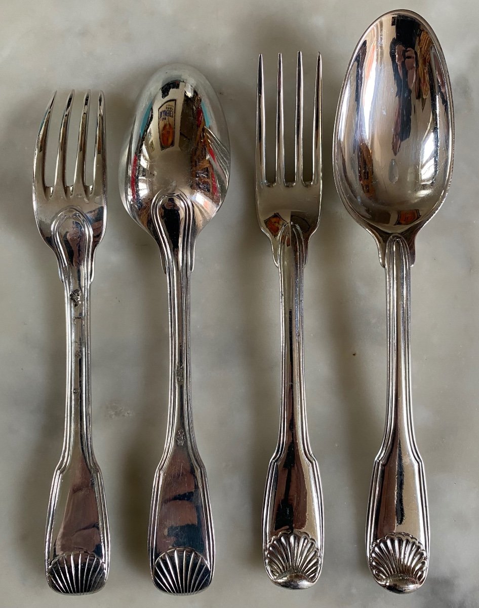 12 Place Settings, Silver, Shell Fillets, 18th Century-photo-3