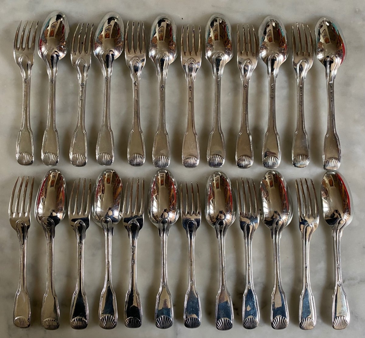 12 Place Settings, Silver, Shell Fillets, 18th Century