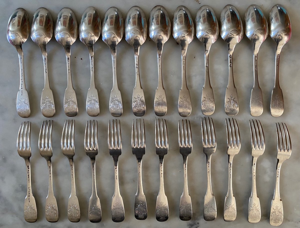 Series 12 Cutlery, Silver, Plain Dish, Coat Of Arms, Perpignan, 18th Century-photo-2