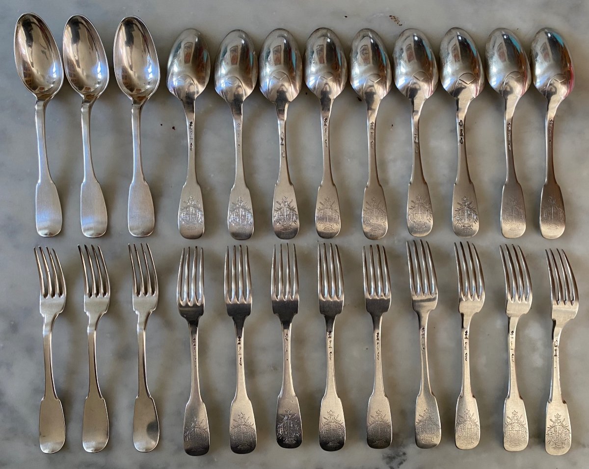 Series 12 Cutlery, Silver, Plain Dish, Coat Of Arms, Perpignan, 18th Century-photo-3