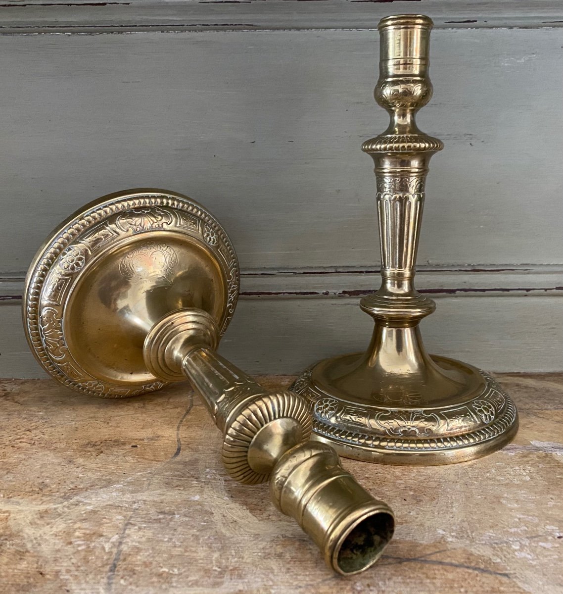 Pair Of Candlesticks, Torches, Bronze, Coat Of Arms, Louis XIV-photo-2