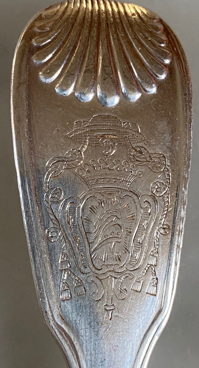 6 Cutlery, Stewing Spoons, Silver, Shell Fillets, Coat Of Arms, Paris, 18th Century-photo-4