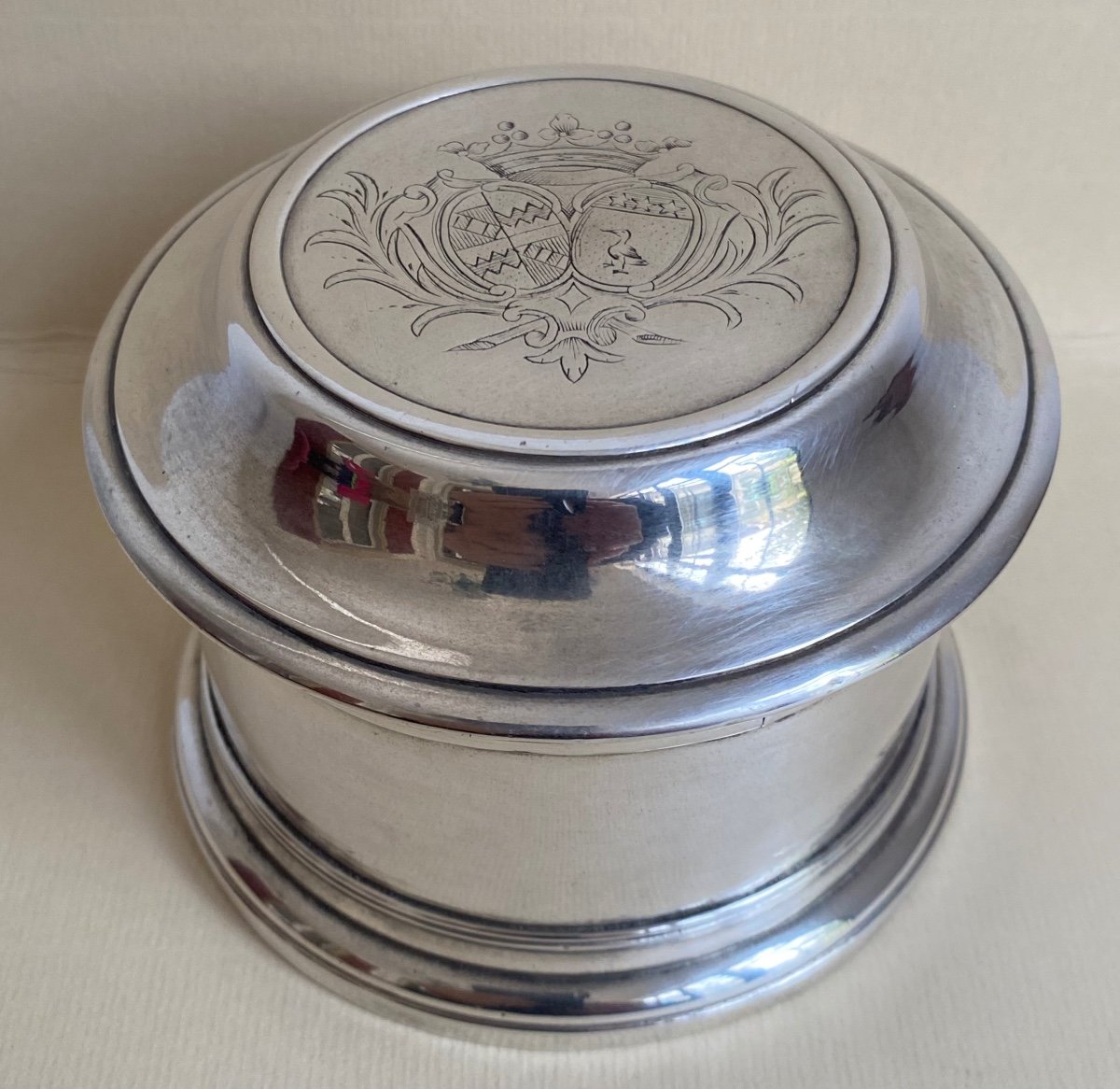 Powder Box, Plated Metal, Silver, Coat Of Arms, 18th Century-photo-2