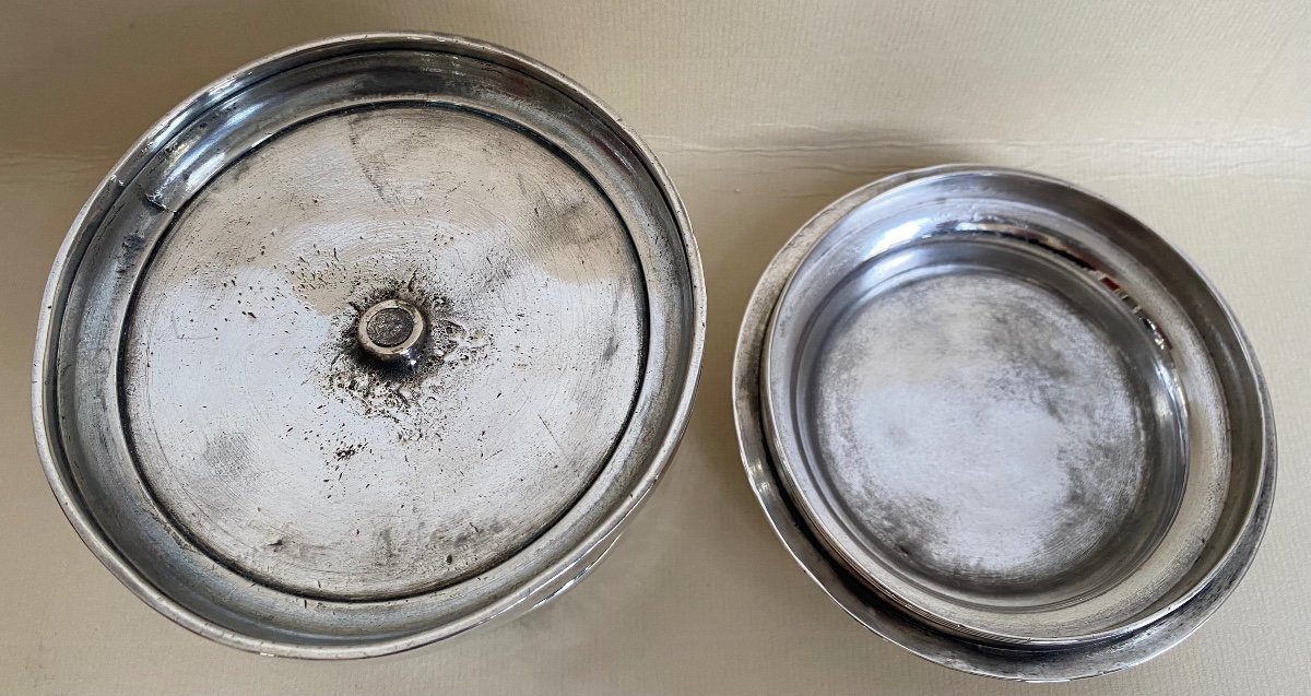 Powder Box, Plated Metal, Silver, Coat Of Arms, 18th Century-photo-2