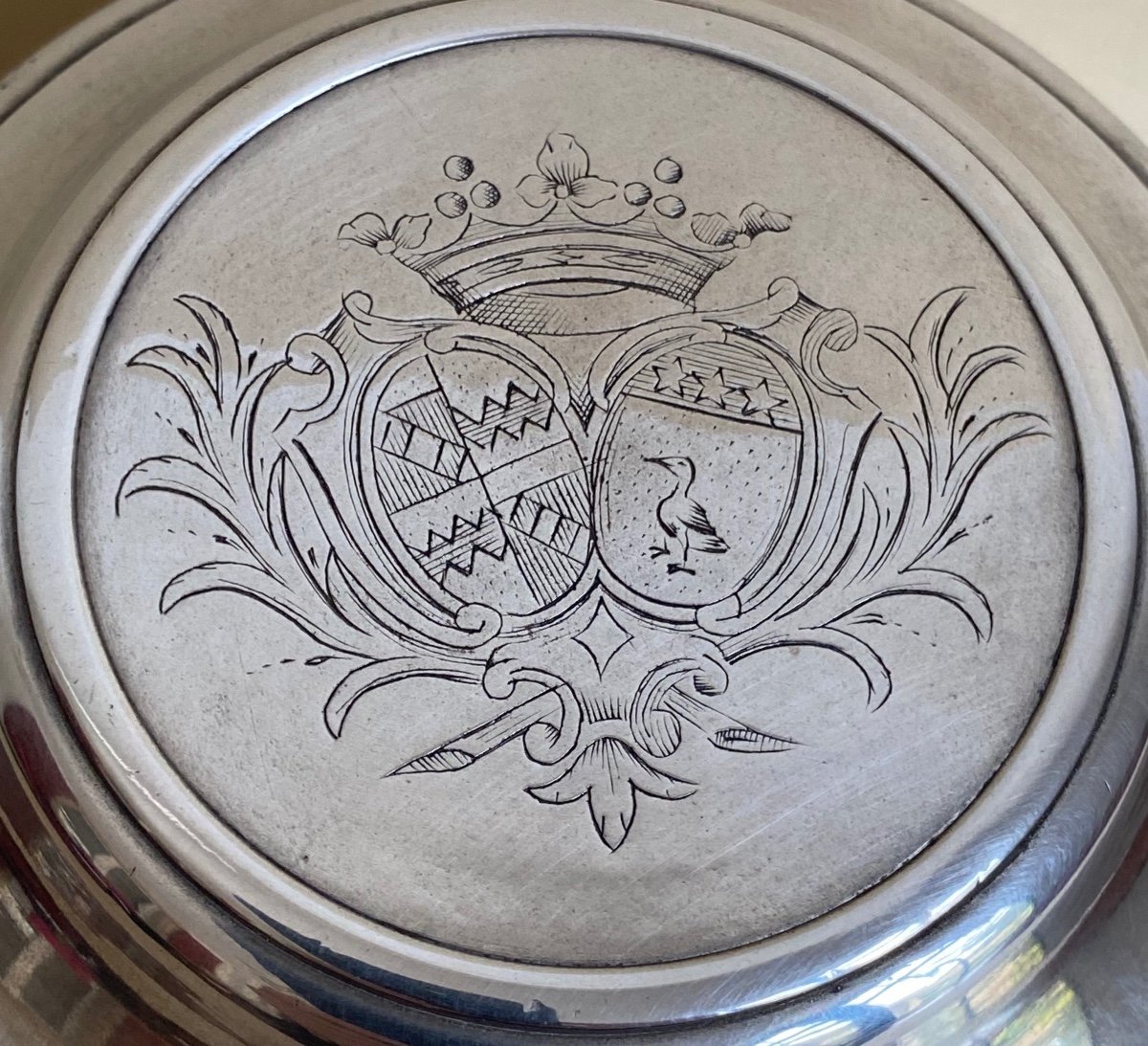 Powder Box, Plated Metal, Silver, Coat Of Arms, 18th Century