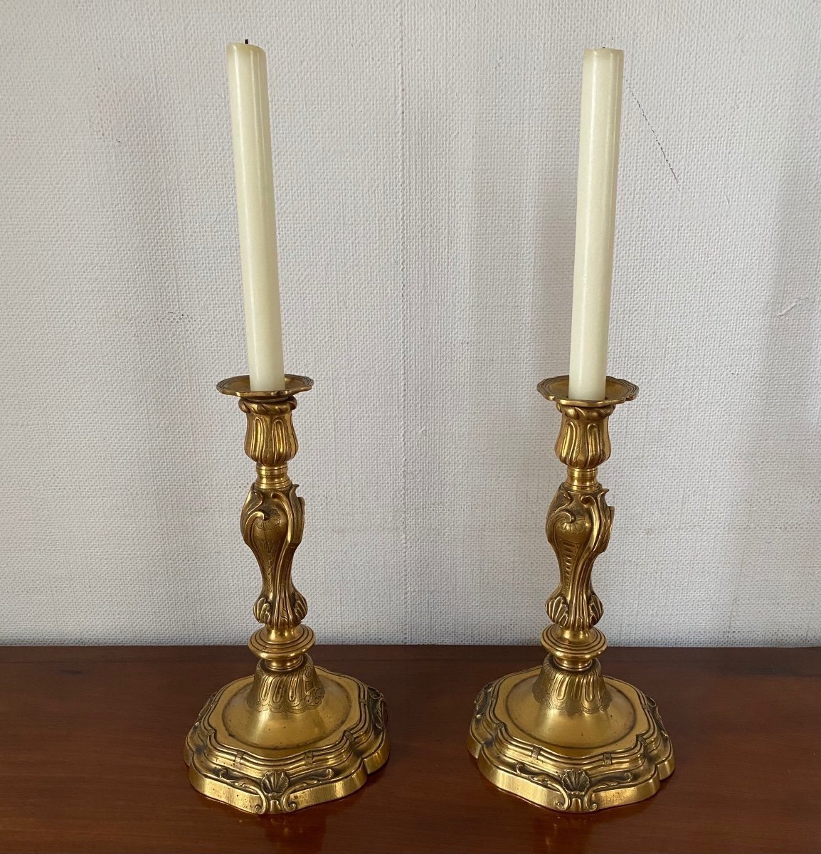 Pair Of Candlesticks, Torches, Gilt Bronze, Louis XV Period, 18th Century-photo-4