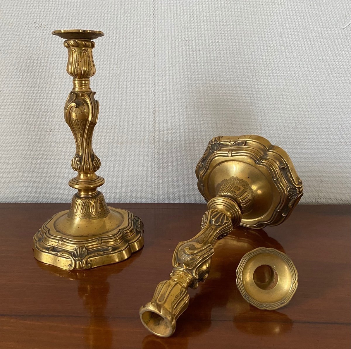 Pair Of Candlesticks, Torches, Gilt Bronze, Louis XV Period, 18th Century