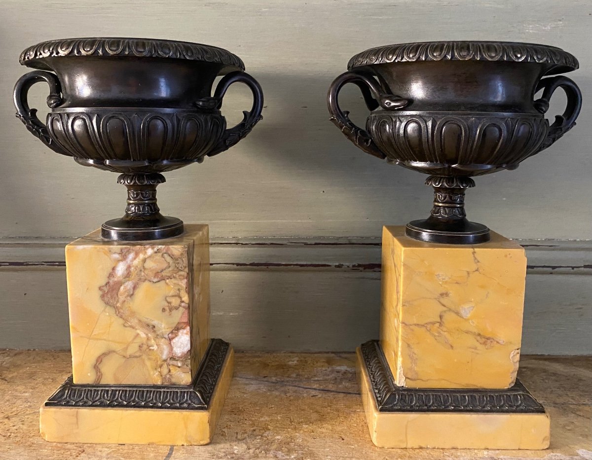 Pair Of Cassolettes, Medicisvases, Bronze, Marble, 19th Century-photo-2