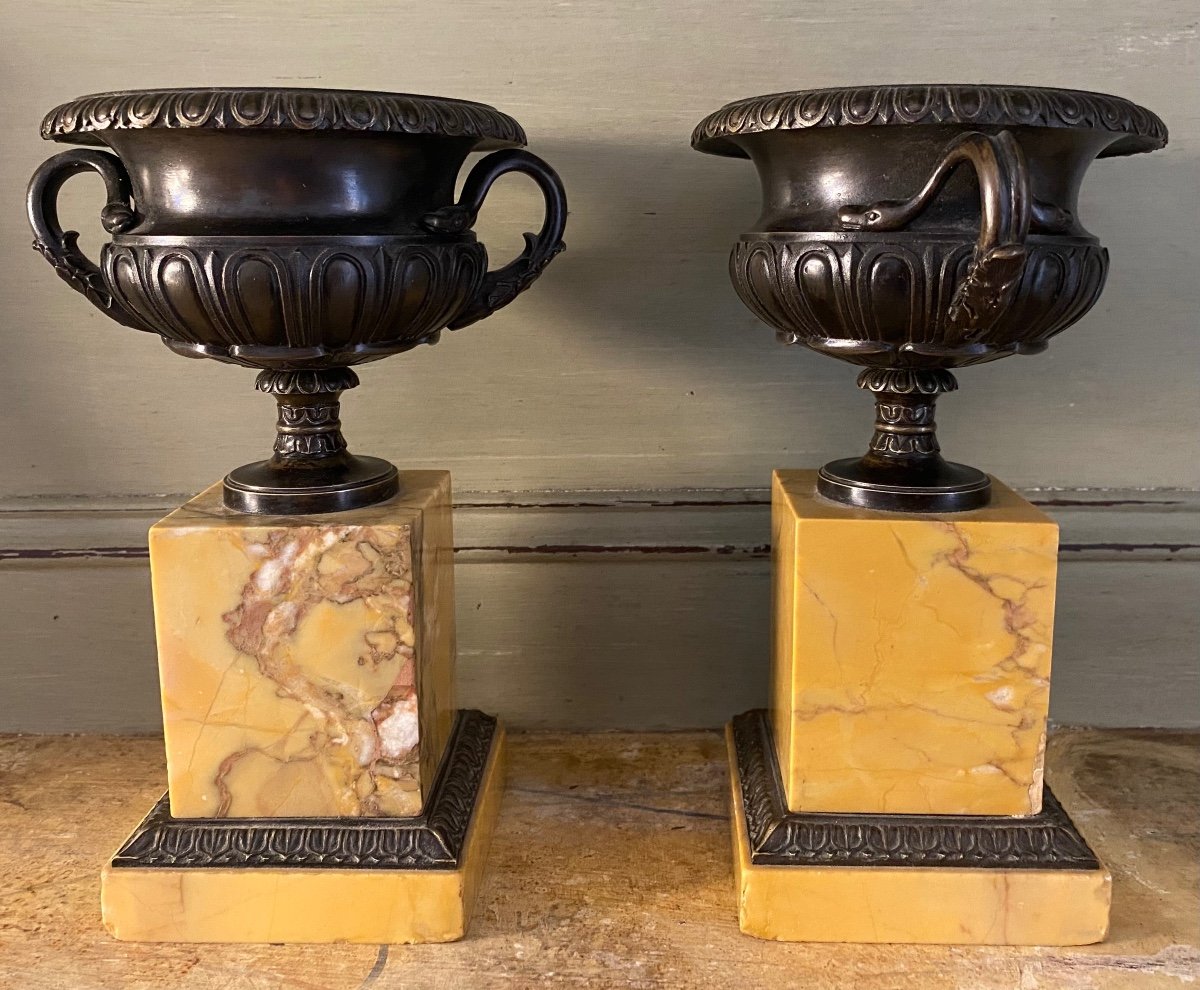 Pair Of Cassolettes, Medicisvases, Bronze, Marble, 19th Century-photo-3