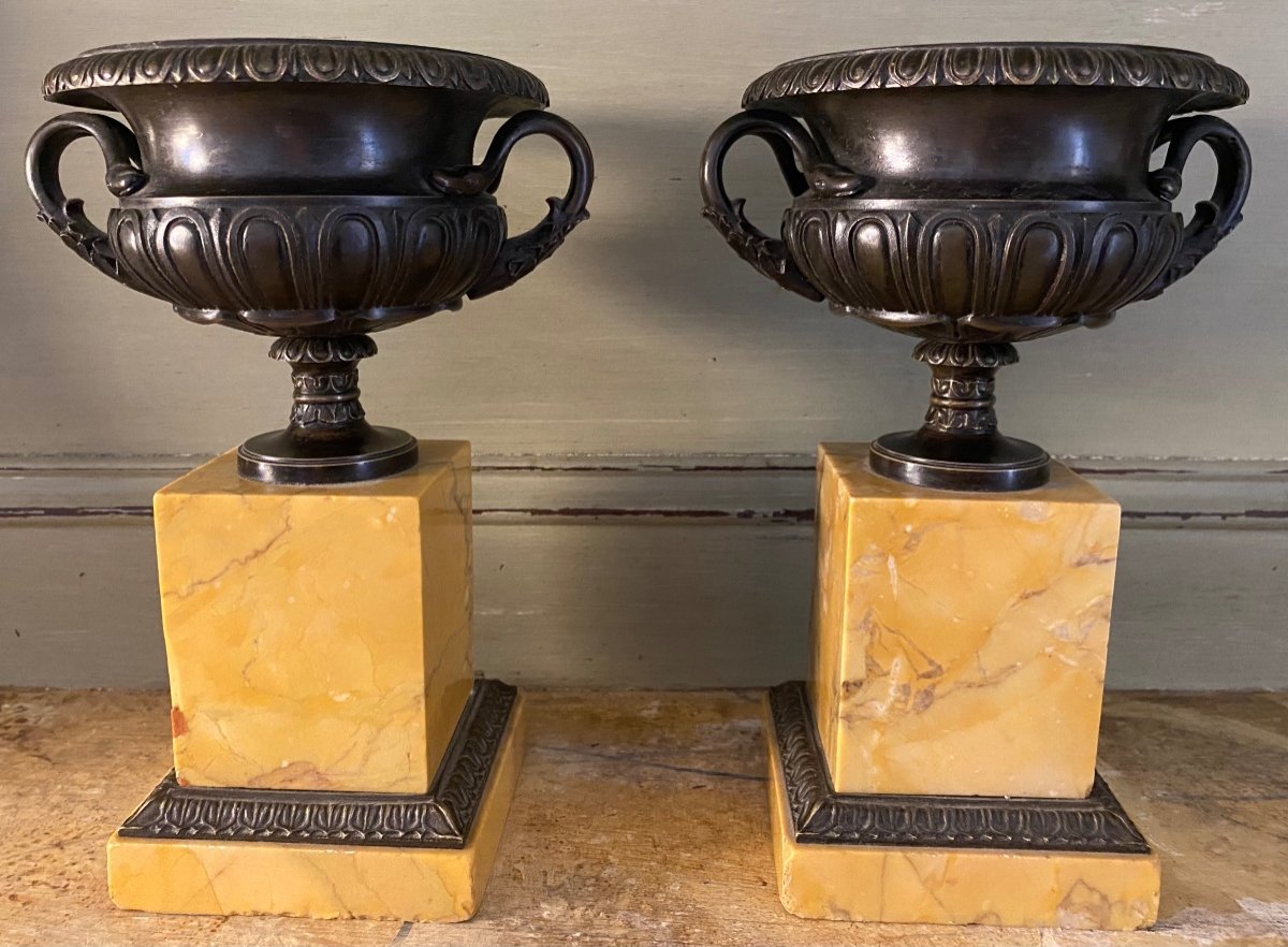 Pair Of Cassolettes, Medicisvases, Bronze, Marble, 19th Century-photo-4