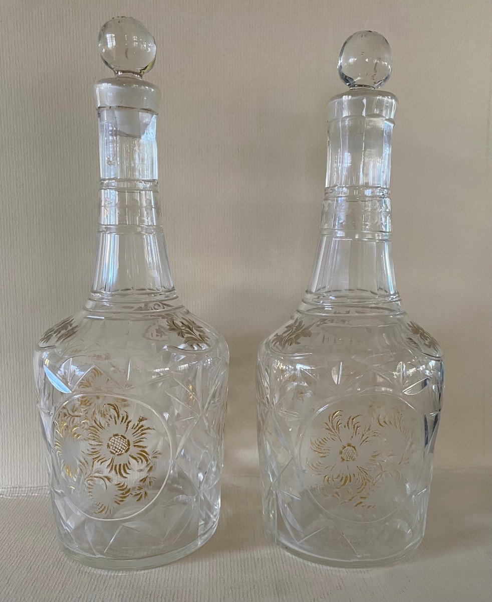 Pair Of Cruets, Flasks, Carafes, Engraved Glass, 18th Century-photo-3