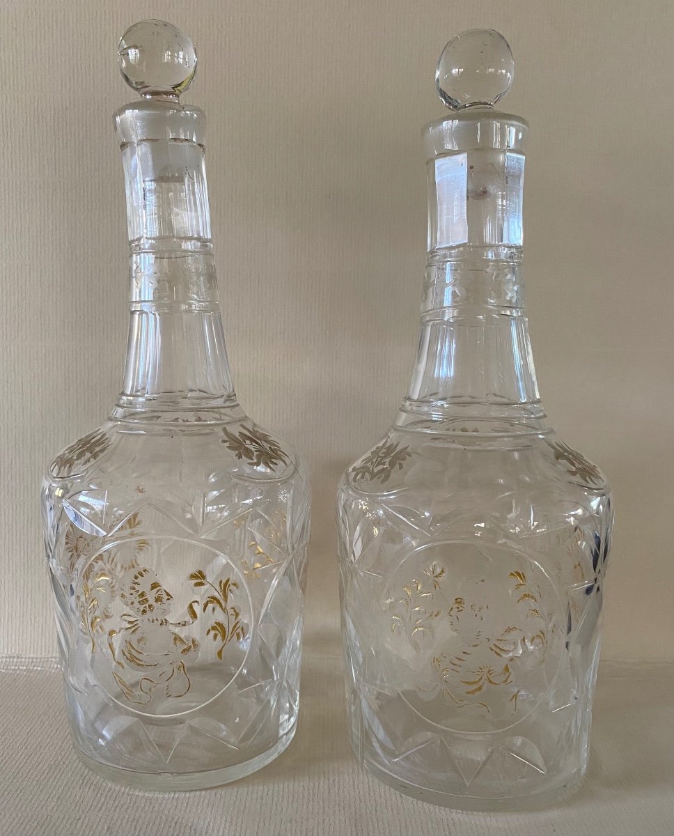 Pair Of Cruets, Flasks, Carafes, Engraved Glass, 18th Century