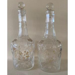 Pair Of Cruets, Flasks, Carafes, Engraved Glass, 18th Century