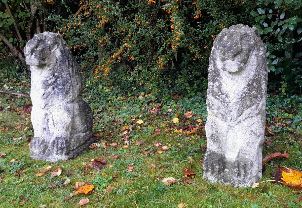 Pair Of Lions In Limestone Stone. Seventeenth Century-photo-2