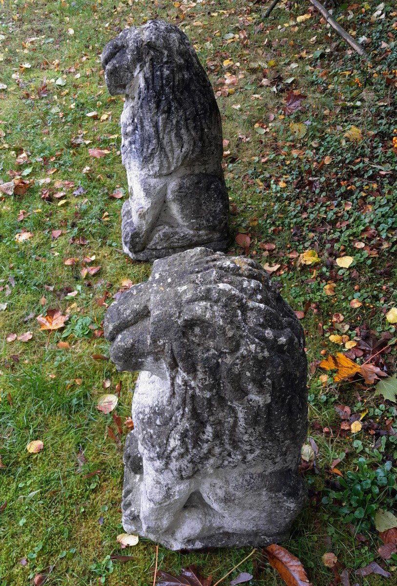 Pair Of Lions In Limestone Stone. Seventeenth Century-photo-3