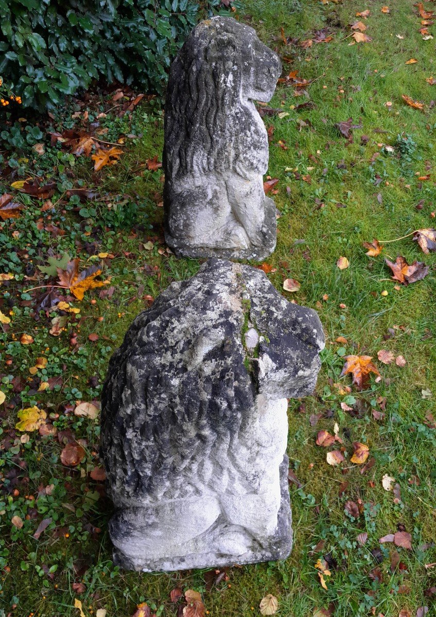 Pair Of Lions In Limestone Stone. Seventeenth Century-photo-4