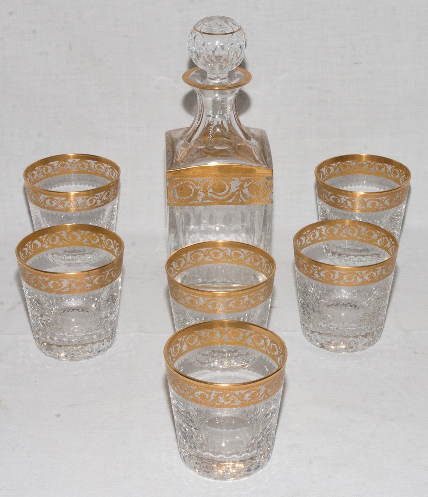 6 Saint Louis Crystal Whiskey Glasses And Carafe Thistle Model Gold-photo-2