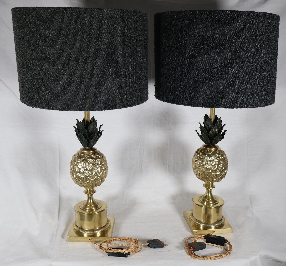 Paire De Lampes Ananas En Bronze Doré Années 70 -photo-4