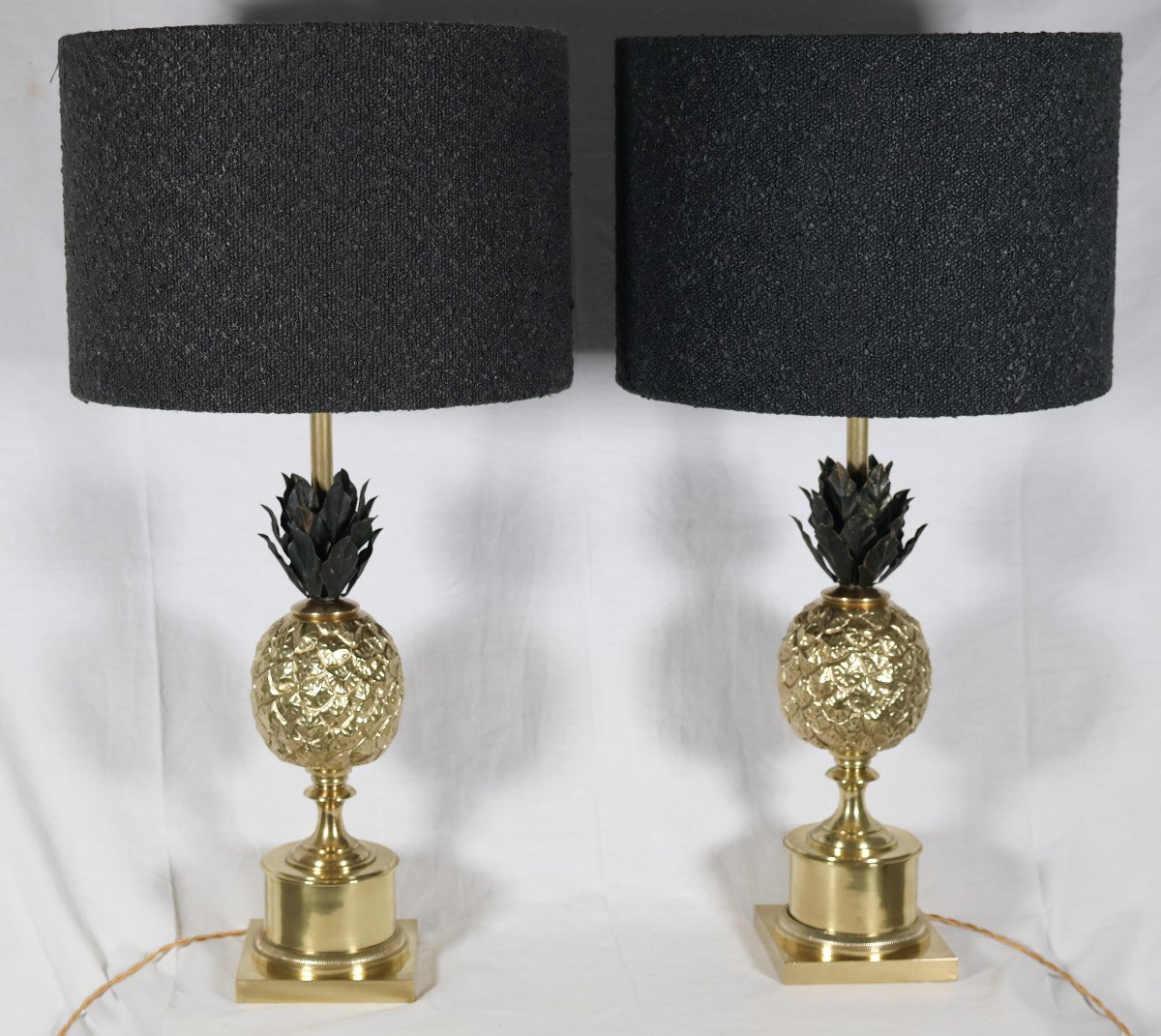 Paire De Lampes Ananas En Bronze Doré Années 70 