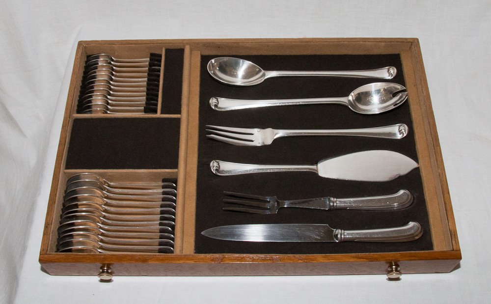 Solid Silver Cutlery Set Mazarin Puiforcat Model 183 Pieces-photo-1