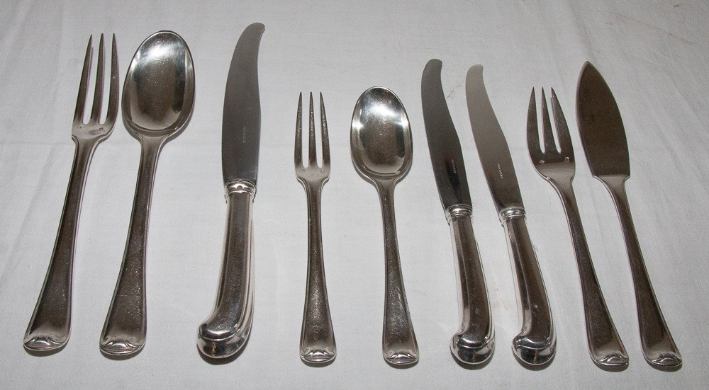 Solid Silver Cutlery Set Mazarin Puiforcat Model 183 Pieces-photo-3