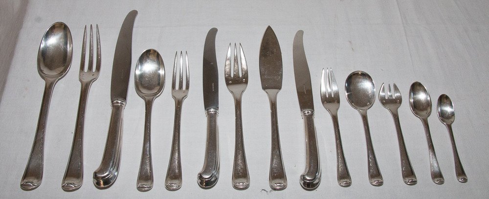 Solid Silver Cutlery Set Mazarin Puiforcat Model 183 Pieces-photo-5