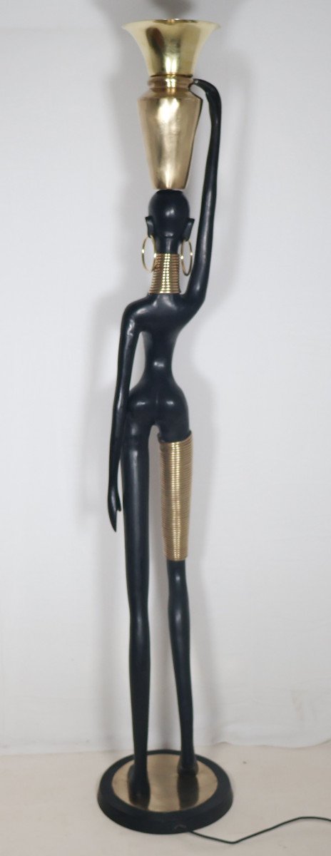 Bronze Floor Lamp "giraffe Woman" Attributed To Karl Haguenauer 1970s -photo-1