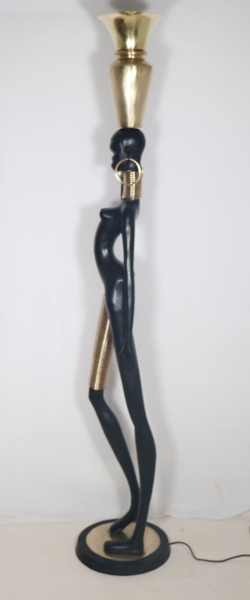 Bronze Floor Lamp "giraffe Woman" Attributed To Karl Haguenauer 1970s -photo-2