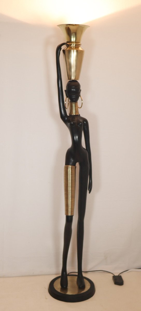 Bronze Floor Lamp "giraffe Woman" Attributed To Karl Haguenauer 1970s -photo-5