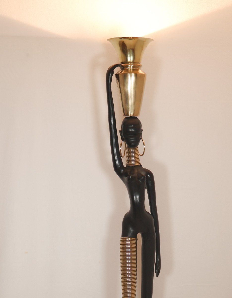 Bronze Floor Lamp "giraffe Woman" Attributed To Karl Haguenauer 1970s -photo-6