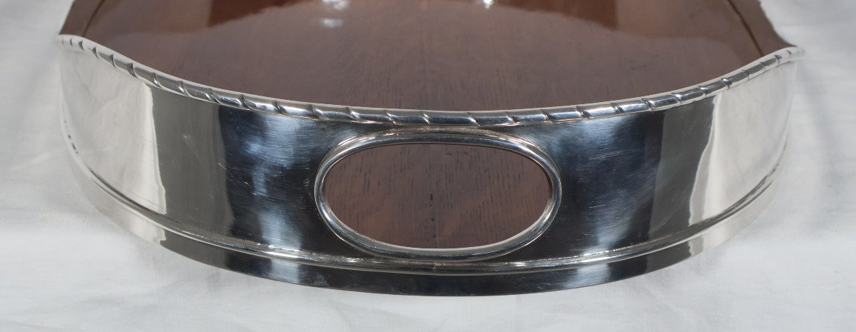 English Tray In Silver Metal And Oak, Late 19th Century -photo-2