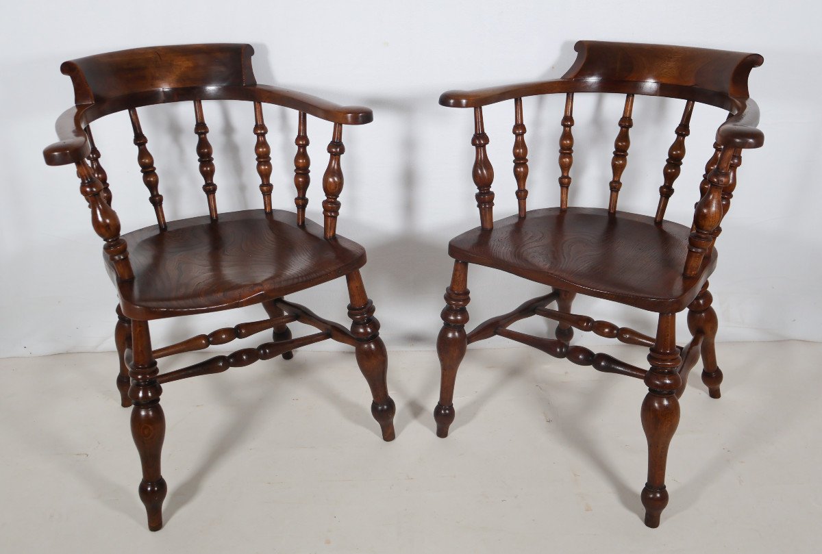 Pair Of English Windsor Style Armchairs Victorian Era-photo-4