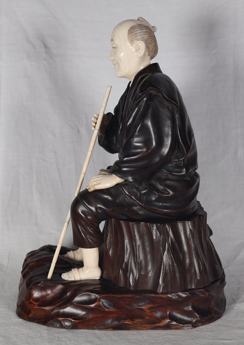 Okimono En Bronze ,bois Et Ivoire, Japon époque Meiji-photo-1