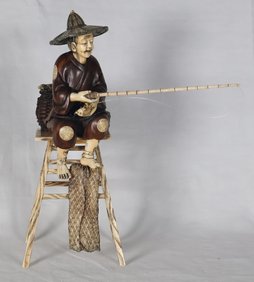 Okimono In Wood And Ivory, Meiji Period Japan