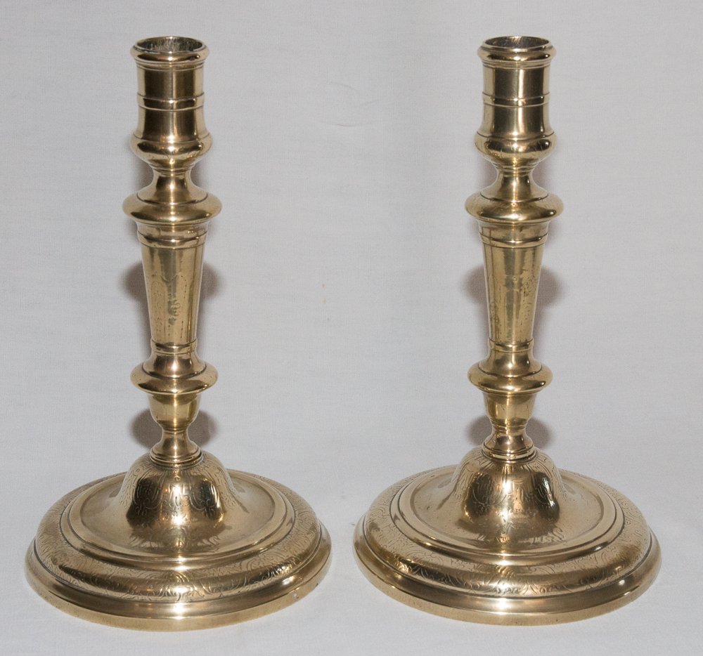 Pair Of Bronze Candlesticks, C Crowned 1745-1749