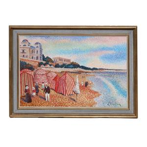  Tableau Pointilliste, Plage De Royan Lucien Neuquelman 1909-1988