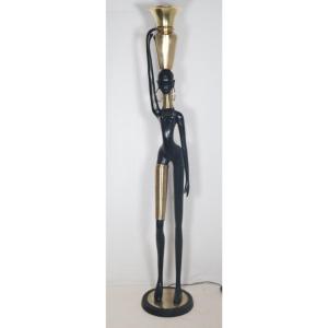 Lampadaire En Bronze "femme Girafe" Attribué à Karl Haguenauer Années 1970 