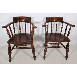 Pair Of English Windsor Style Armchairs Victorian Era