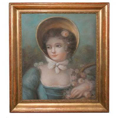Portrait De Jeune Femme, Pastel époque XIXe Siècle