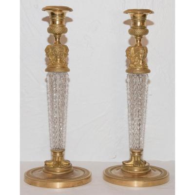 Pair Of Candlesticks In Crystal Cut And Gilt Bronze Charles X Period