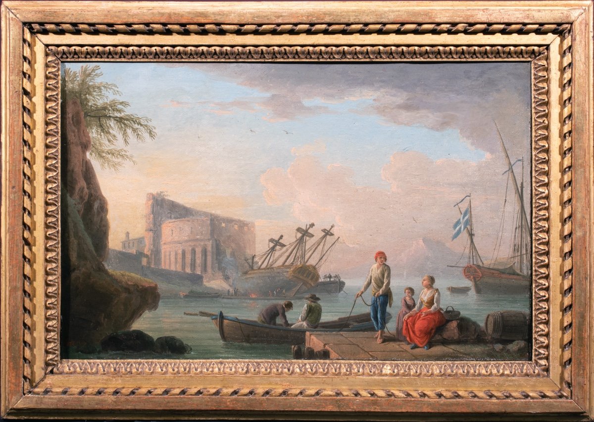 Vue d’un port en Italie , attribué à Henry d’Arles , 18 è siècle 