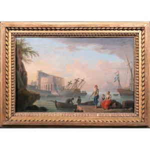 Vue d’un port en Italie , attribué à Henry d’Arles , 18 è siècle 