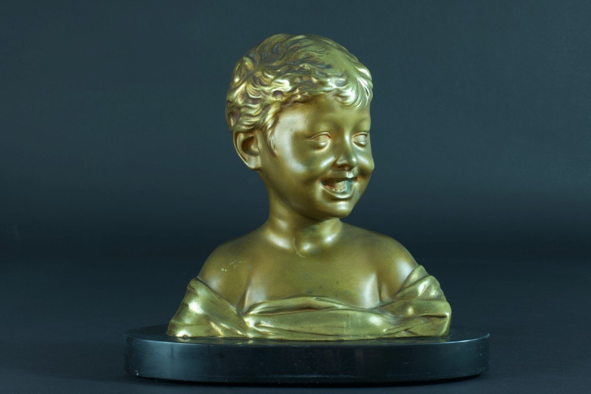 Old Gilt Bronze Bust Laughing Child Portrait Donatello Marble-photo-5